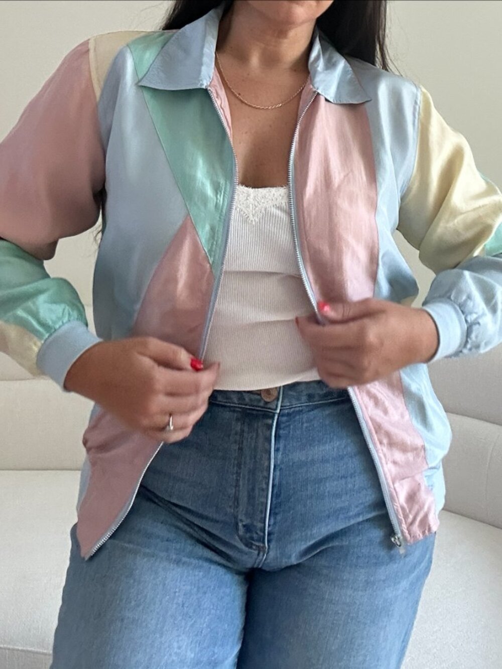 Vintage 80s Blair 100% Silk Pastel Color Block Bomber Jacket Oversized Small - Picture 10 of 14